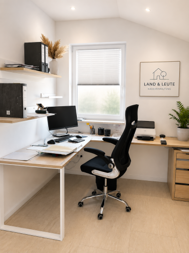 Büro mit Schreibtisch, Computer, Bürostuhl und Regalen, hell erleuchtet. Modernes Home-Office mit Schreibtisch, schwarzem Bürostuhl und Pflanzen.