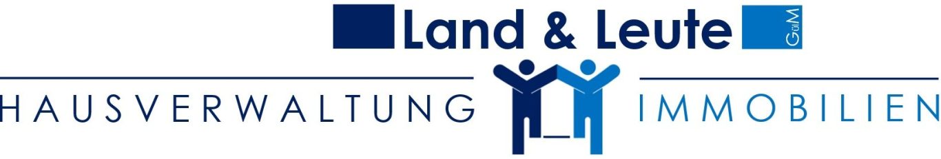 Logo von "Land & Leute Bruckmühl" mit dem Schriftzug "Hausverwaltung Immobilien" und stilisierten Menschenfiguren.