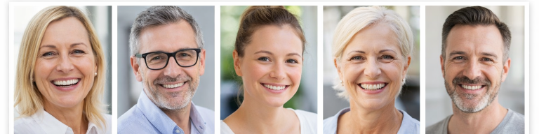 Fünf lächelnde Personen unterschiedlichen Alters und Geschlechts in urbaner Umgebung.